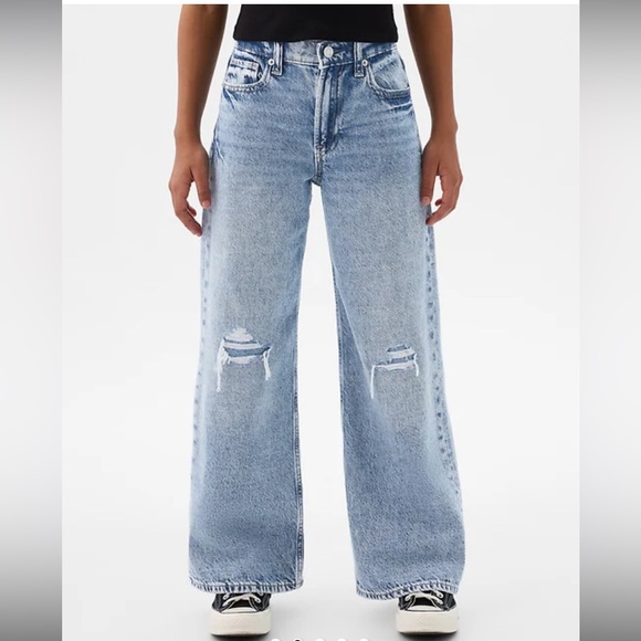 Gap Kids Low Rise Stride Wide Leg Jeans Size 6 Girl Stonewashed Distressed Denim - Picture 10 of 10
